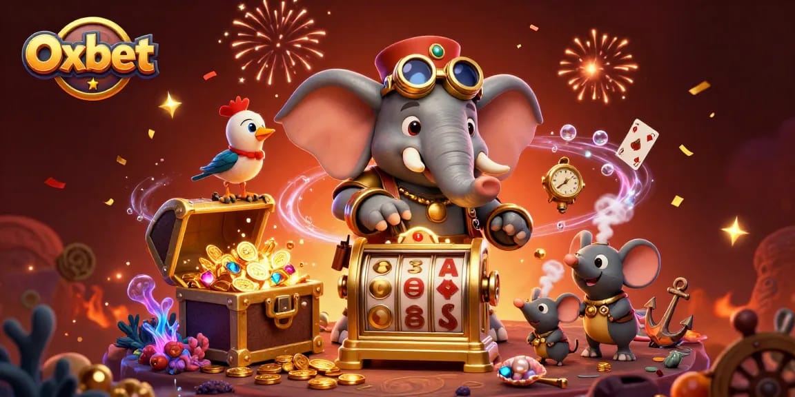 Engage with Oxbet as the steampunk elephant wins big at the slot machine in a colorful casino adventure.