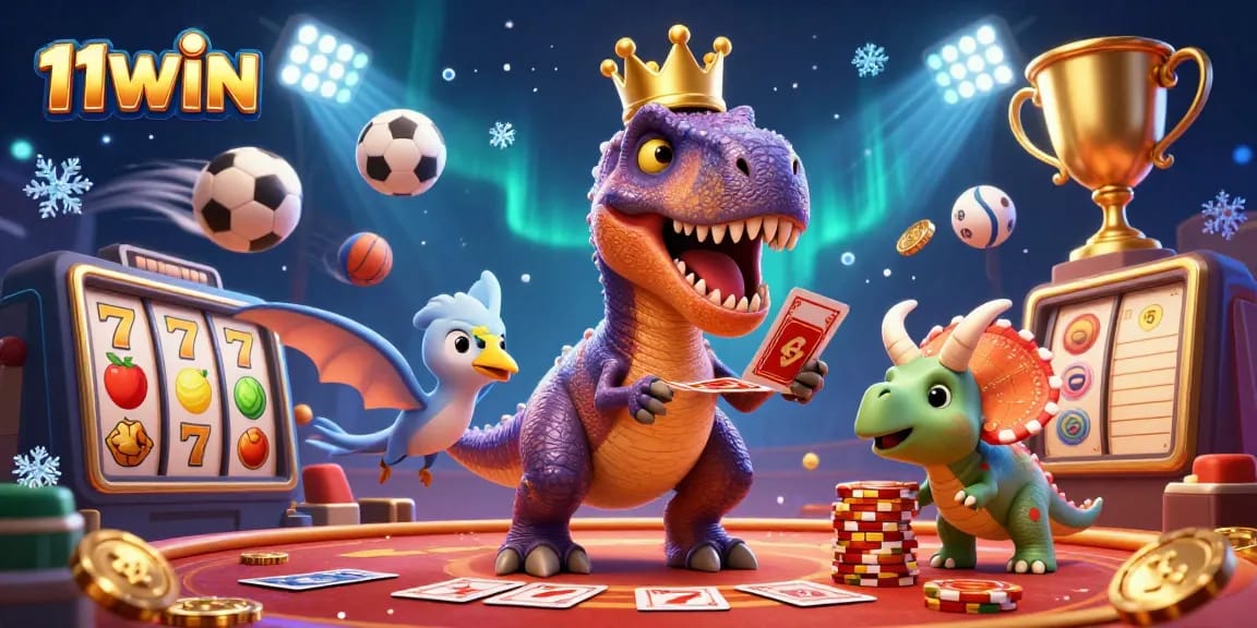 Experience casino excitement with 11WIN as our dinosaur characters shuffle cards and stack chips.