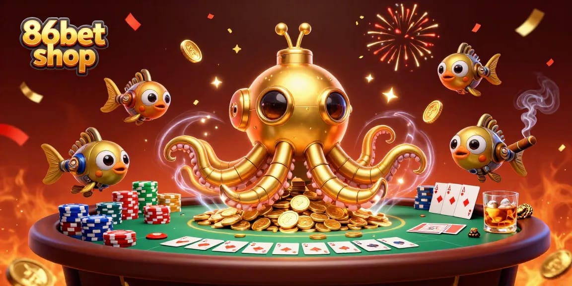 Experience the excitement of 86bet shop with a golden kraken submarine in a sea of coins.