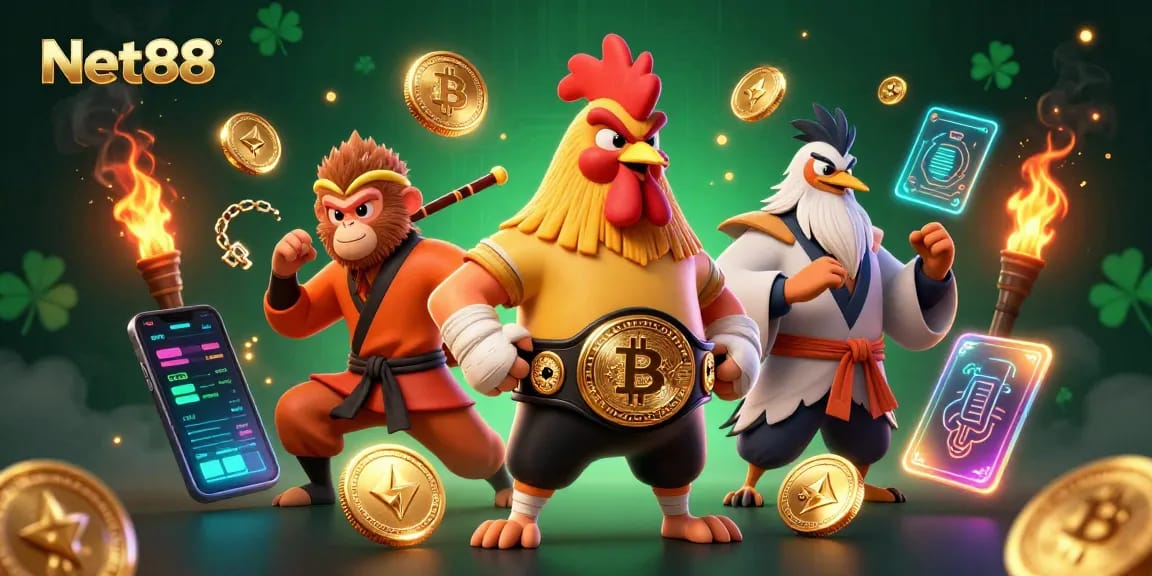 Engage with Net88's thrilling crypto gambling scene featuring vibrant characters and dynamic gaming elements.