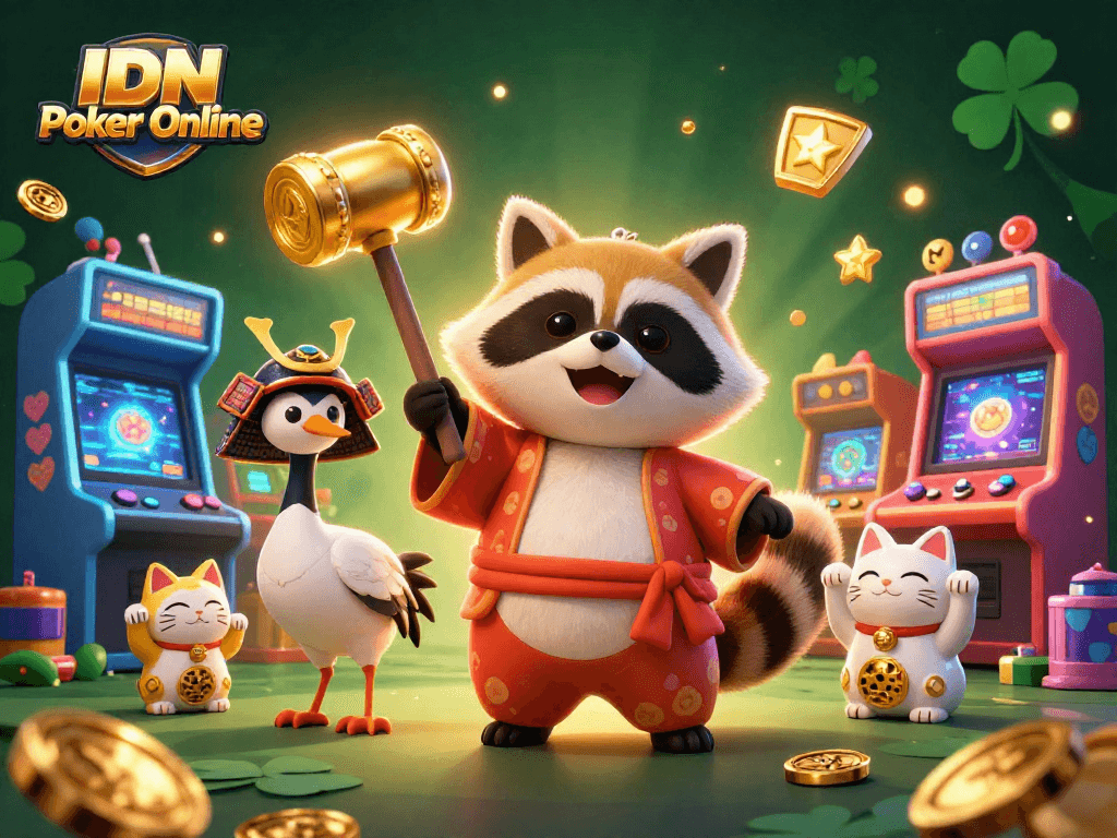 Experience the joy of IDN Poker Online with a vibrant 3D cartoon scene featuring cheerful characters and dynamic gaming elements.
