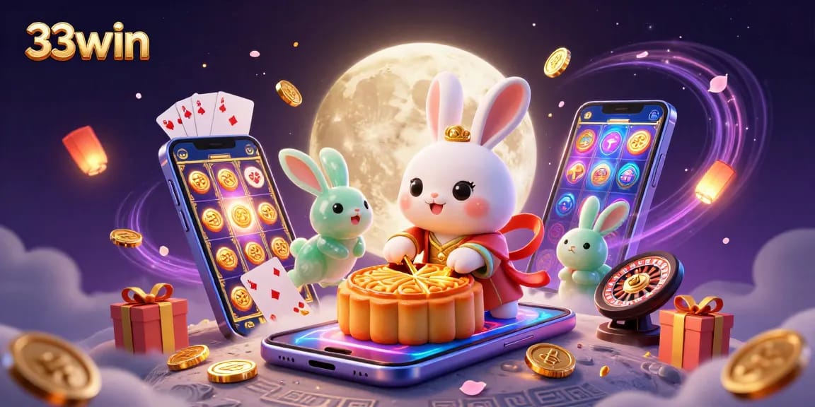 Experience thrilling gaming with 33win showing a moon rabbit and poker chips in a vibrant casino illustration.