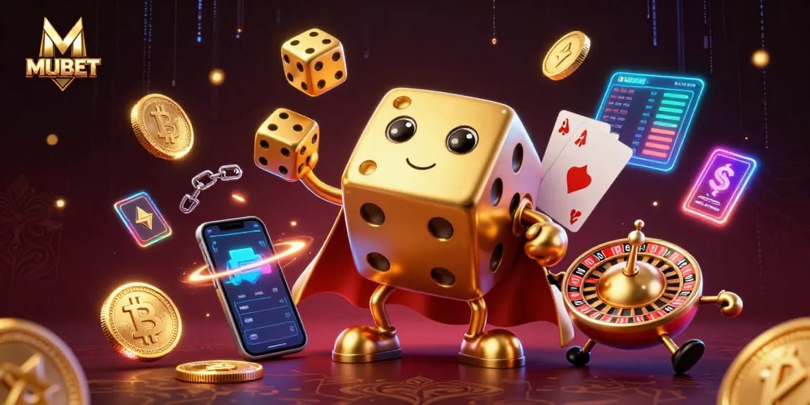 MUBET - Juggle your wins with a golden dice golem amidst vibrant casino elements.