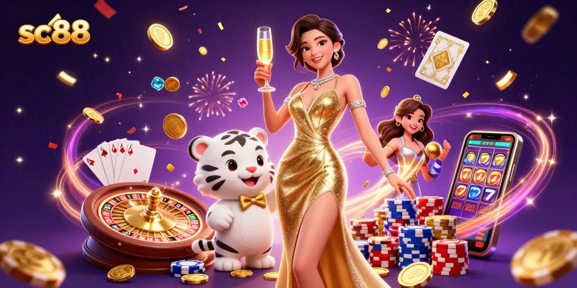 Experience thrill and luxury at sc88 with a glamorous cocktail party scene showcasing wins and excitement.
