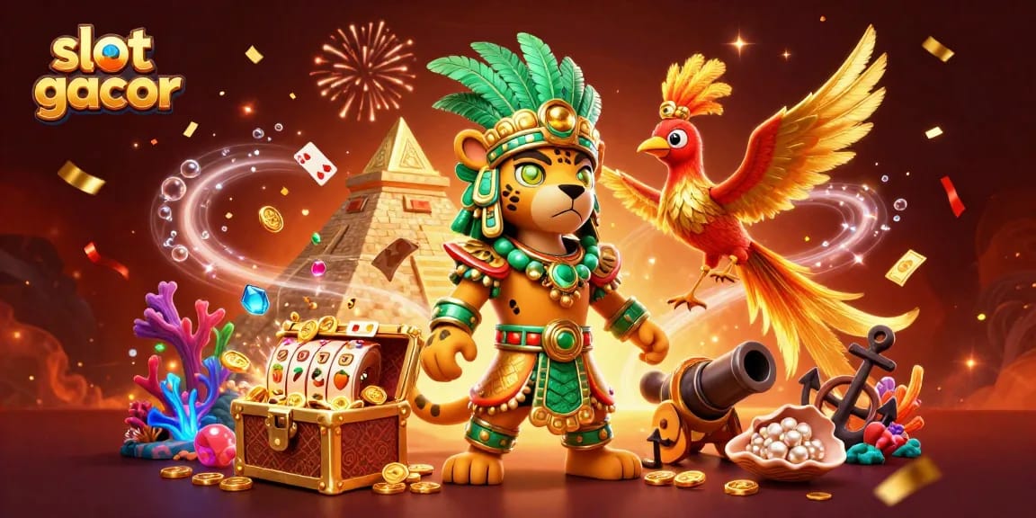 Spin to win big with slot gacor as the jaguar priest oversees a vibrant gaming scene!