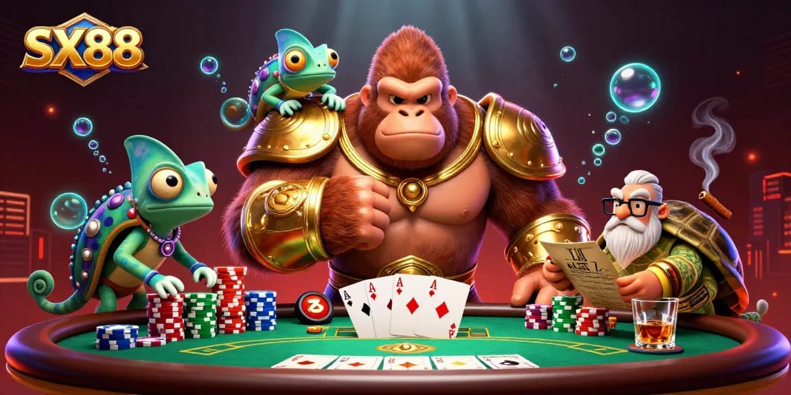 SX88 action scene with a gorilla king and chameleon in a vibrant casino setting.