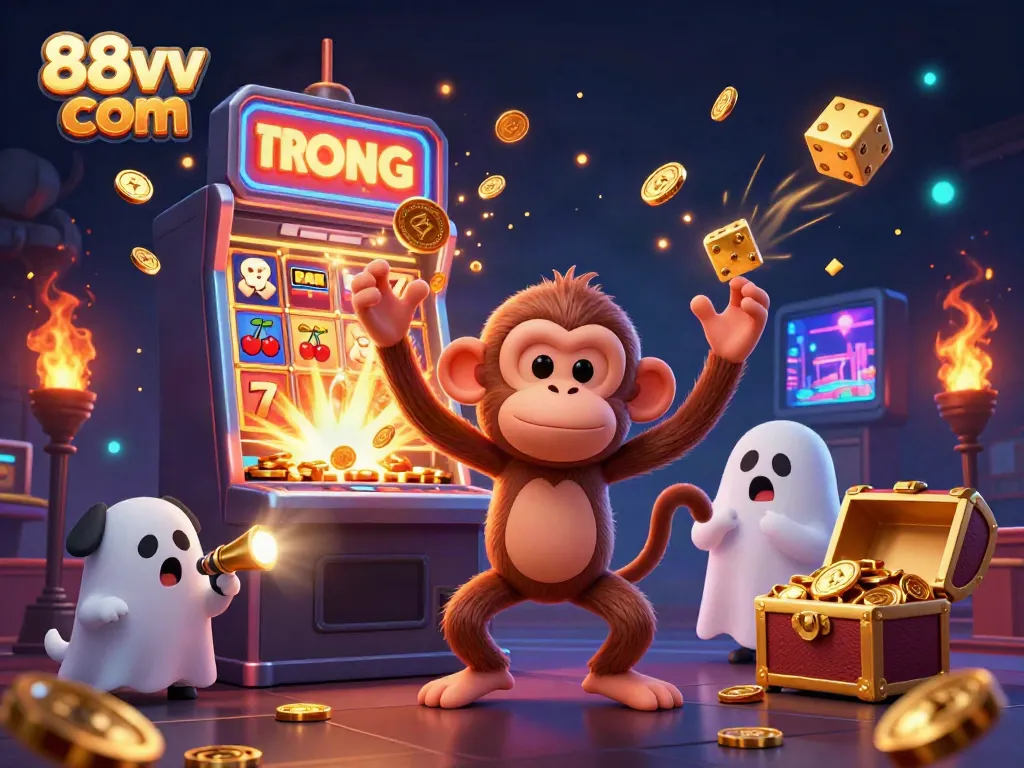 Experience thrilling moments at 88vv com with a mischievous monkey juggling golden items in a haunted casino.