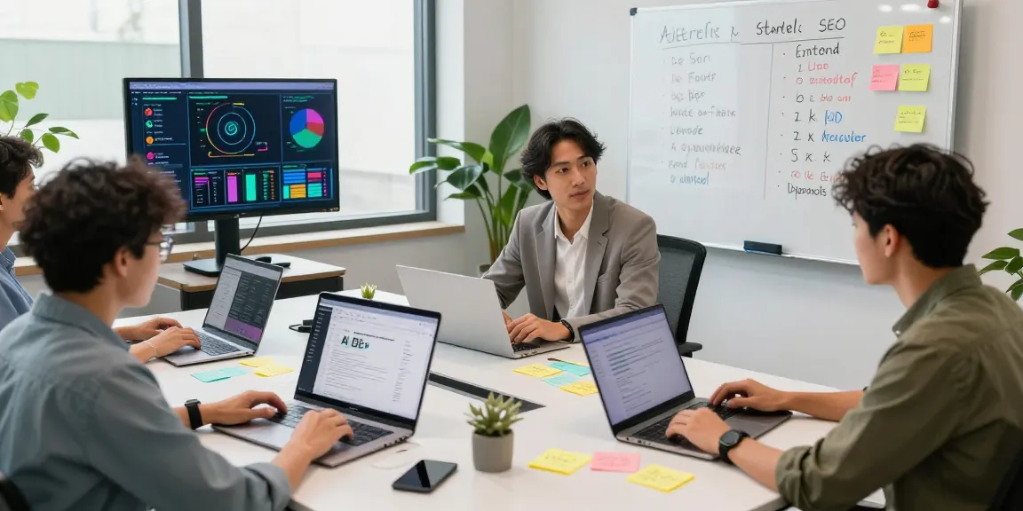 Team collaborating on AI SEO tools in a modern tech workspace.