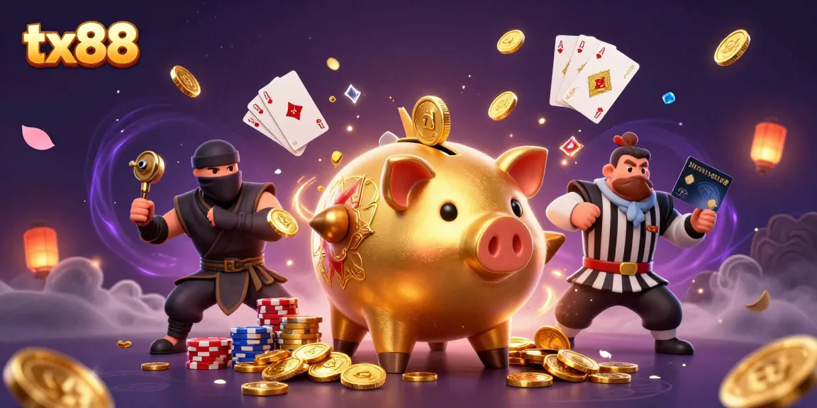 tx88 casino action featuring a golden piggy bank sumo wrestler amidst flying coins and cards.