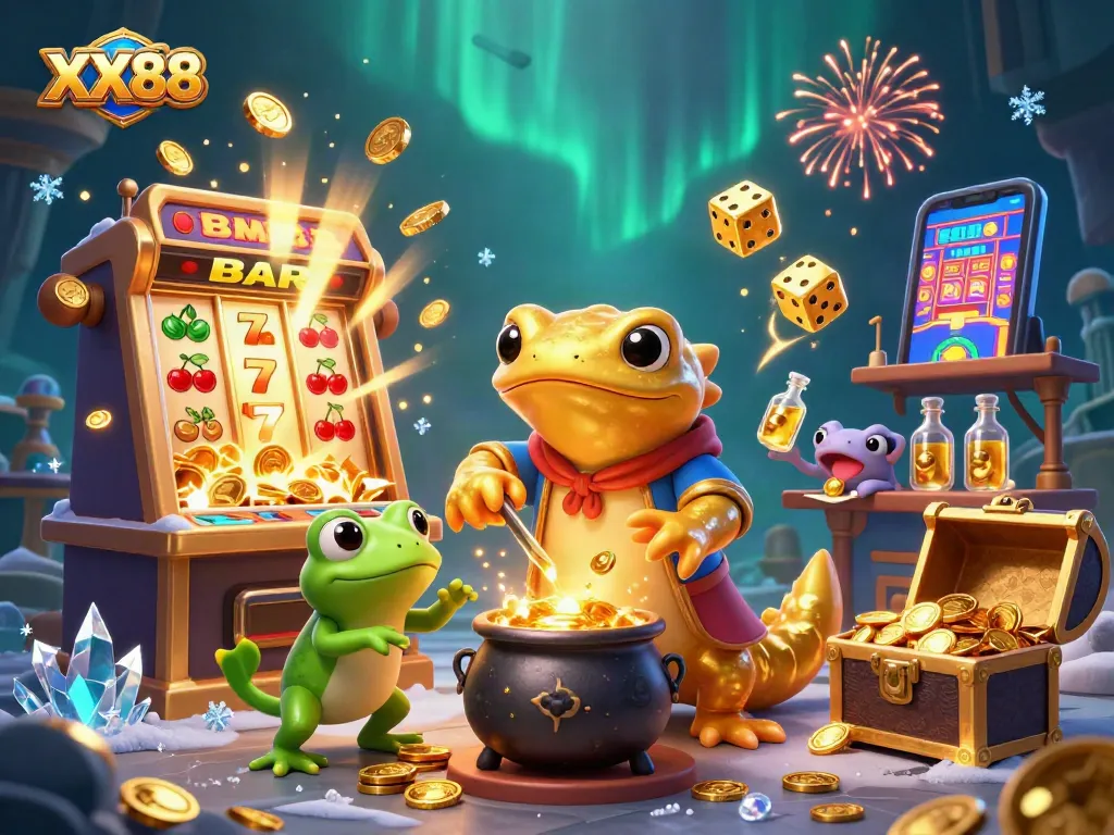 Engage in lucrative gameplay with XX88's vibrant slot machine and golden alchemist scene.