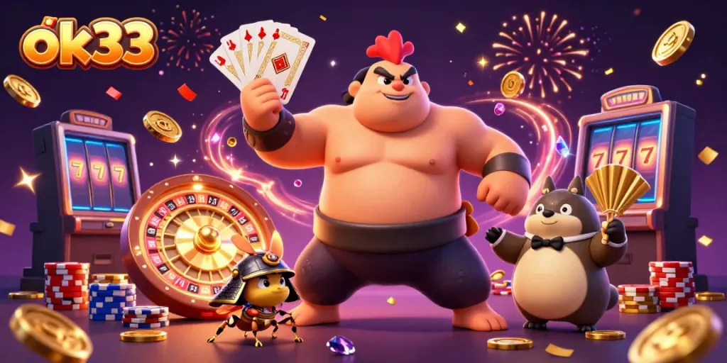 Experience excitement with ok33, showcasing a vibrant casino scene featuring engaging characters and dynamic gameplay elements.
