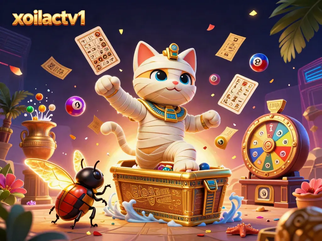 Experience the excitement of xoilactv1 with a lively scene featuring colorful lottery balls, a mummy cat, and vibrant casino elements.