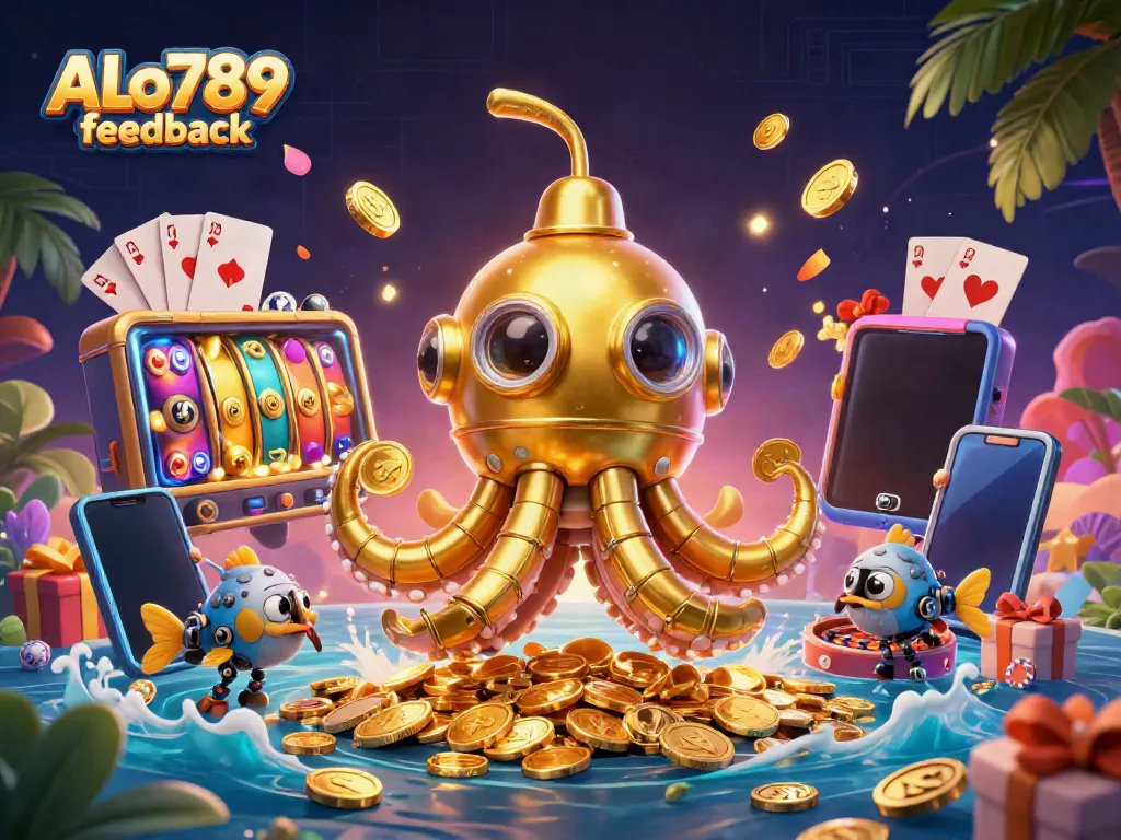 Play slots in style with ALo789 feedback, featuring a golden kraken submarine and casino action.