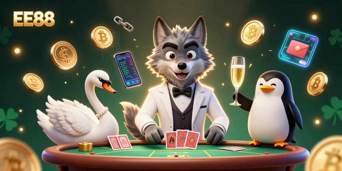 EE88 showcases a vibrant 3D casino scene with cartoon characters at a baccarat table, surrounded by crypto elements.