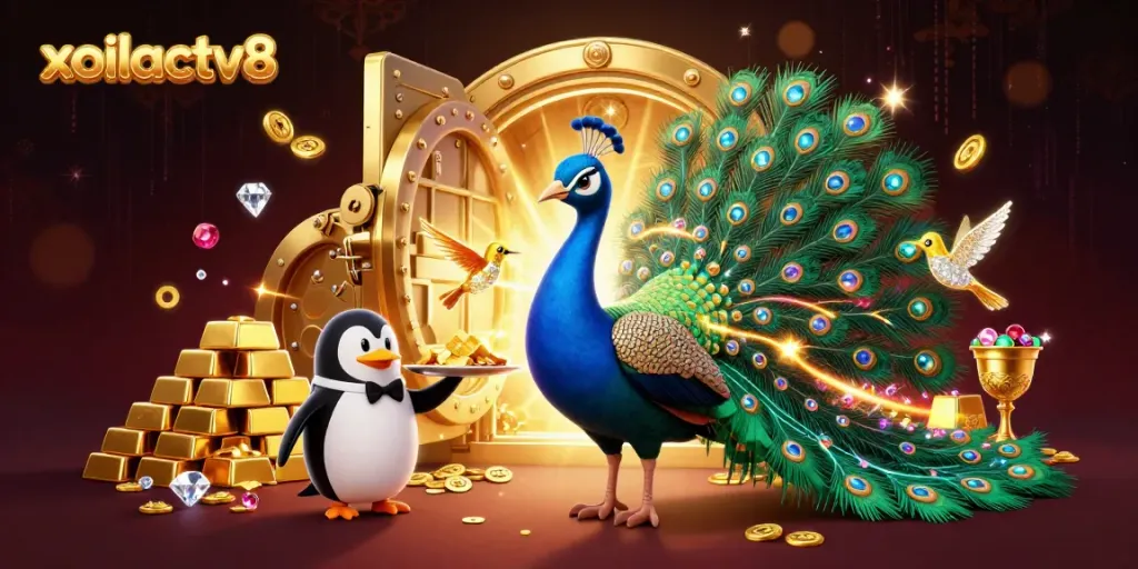 Experience thrilling moments with xoilactv8 in an enchanting casino scene featuring a stunning peacock and treasures.