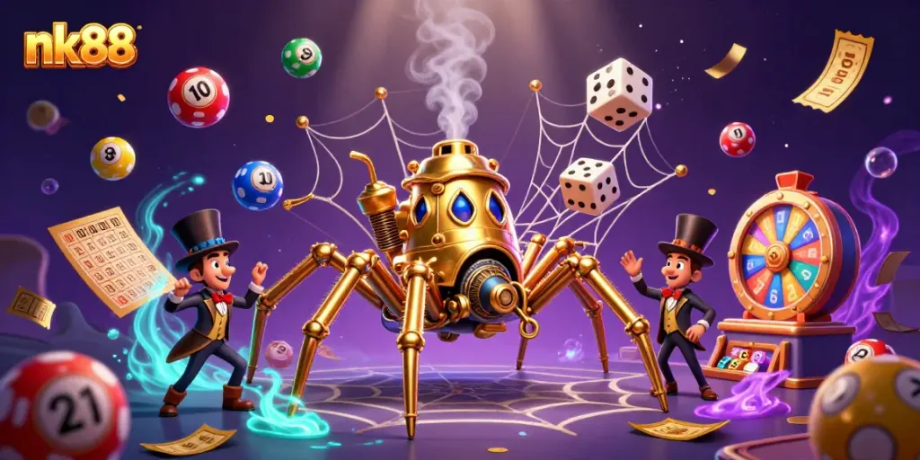 Engage with nk88's vibrant lottery-themed world, featuring golden spider, colorful balls, and dynamic casino elements.