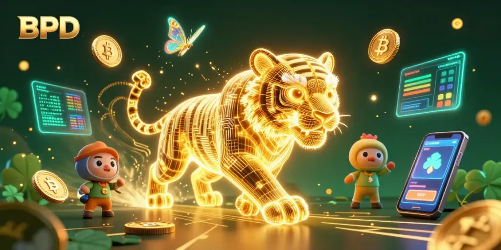 Experience BPD with a glowing tiger and digital gambling elements in a vibrant casino scene.
