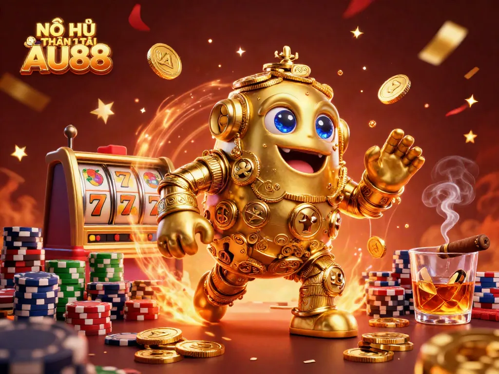 Experience the excitement of NỖ HŨ THẦN TÀI AU88 with golden golem and slot reels, offering rich gameplay.