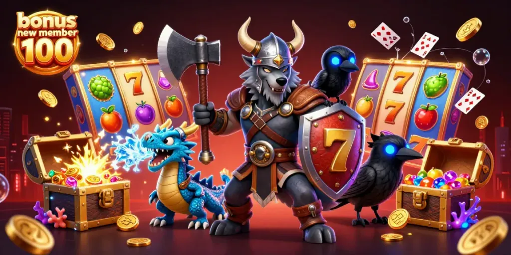 Experience the thrill of playing with a bonus new member 100, witnessing mythical characters amid vibrant casino game elements.