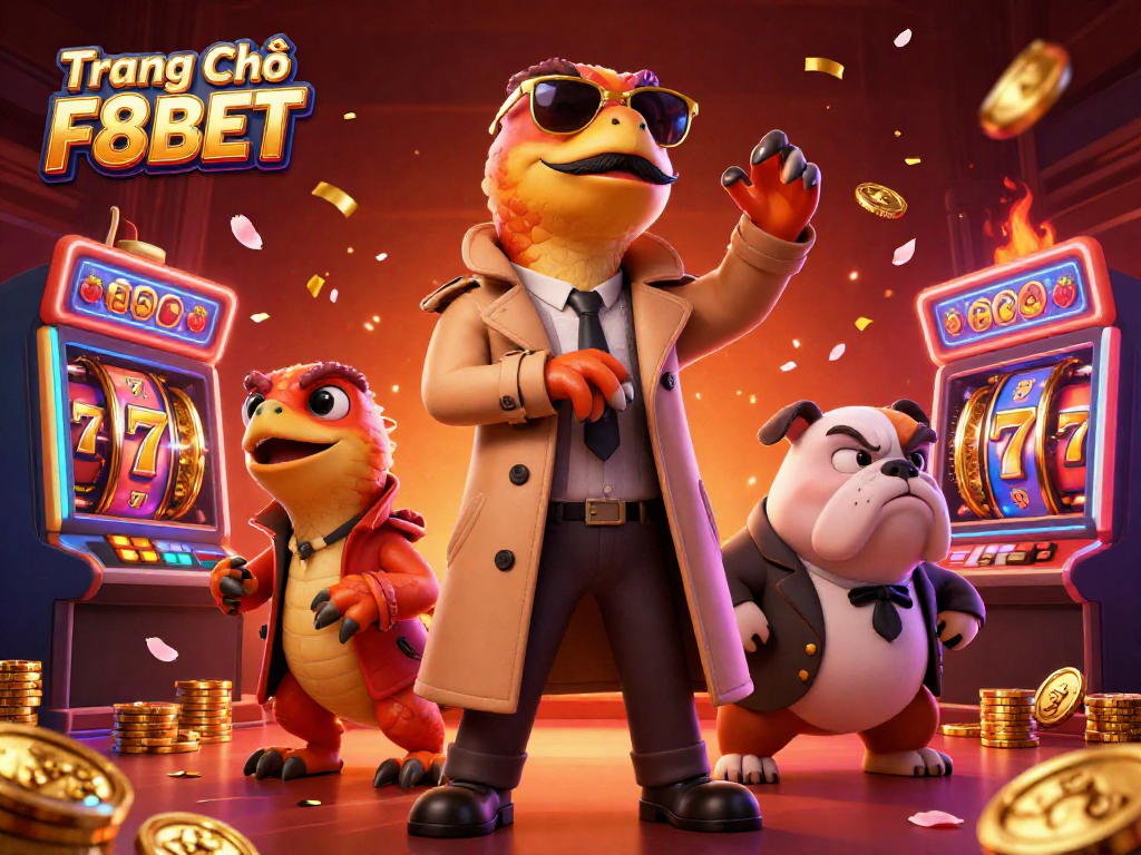 Experience excitement at Trang Chủ F8BET with raptors in a trench coat at a vibrant casino scene.