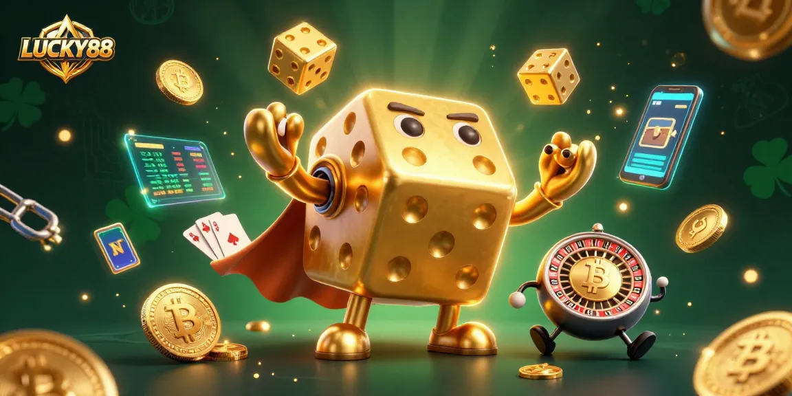 LUCKY88 players engaging with golden dice and crypto elements in a vibrant casino setting