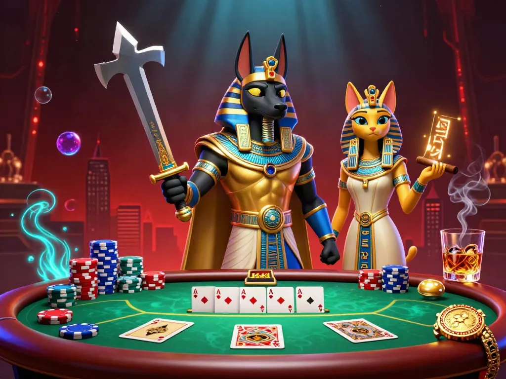 Engage in thrilling poker at Wintk Casino featuring Anubis and Bastet with colorful chips and cards.