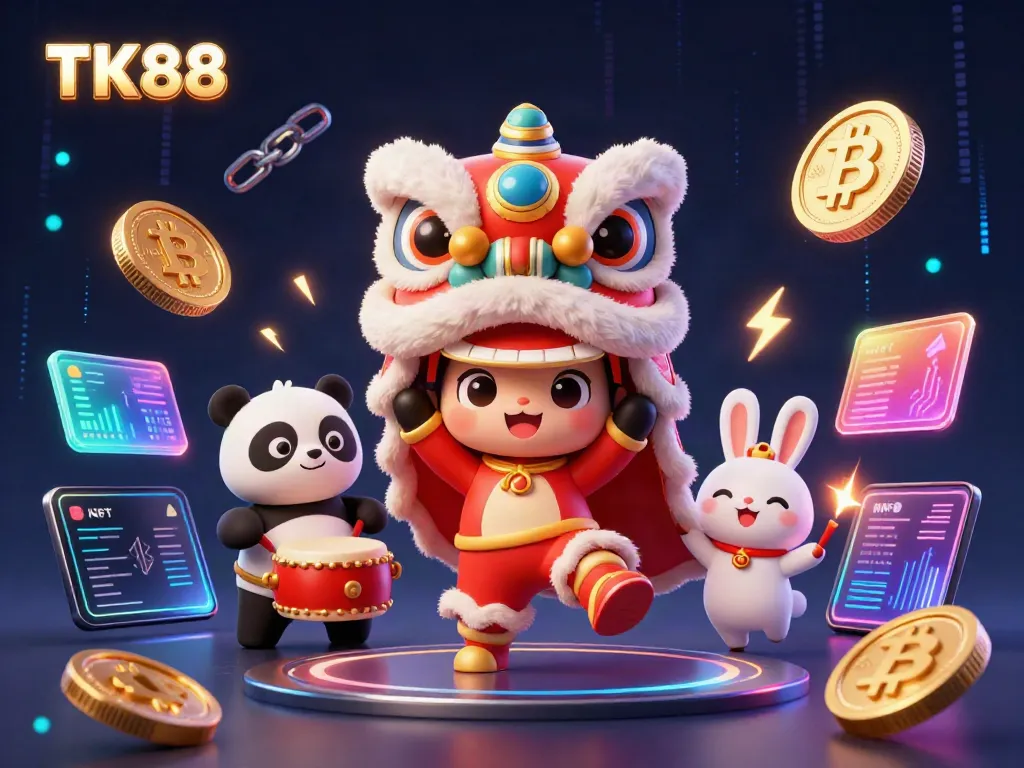 Engage with TK88 in an exciting, vibrant casino illustration featuring a lion dance, drumming panda, and crypto elements.