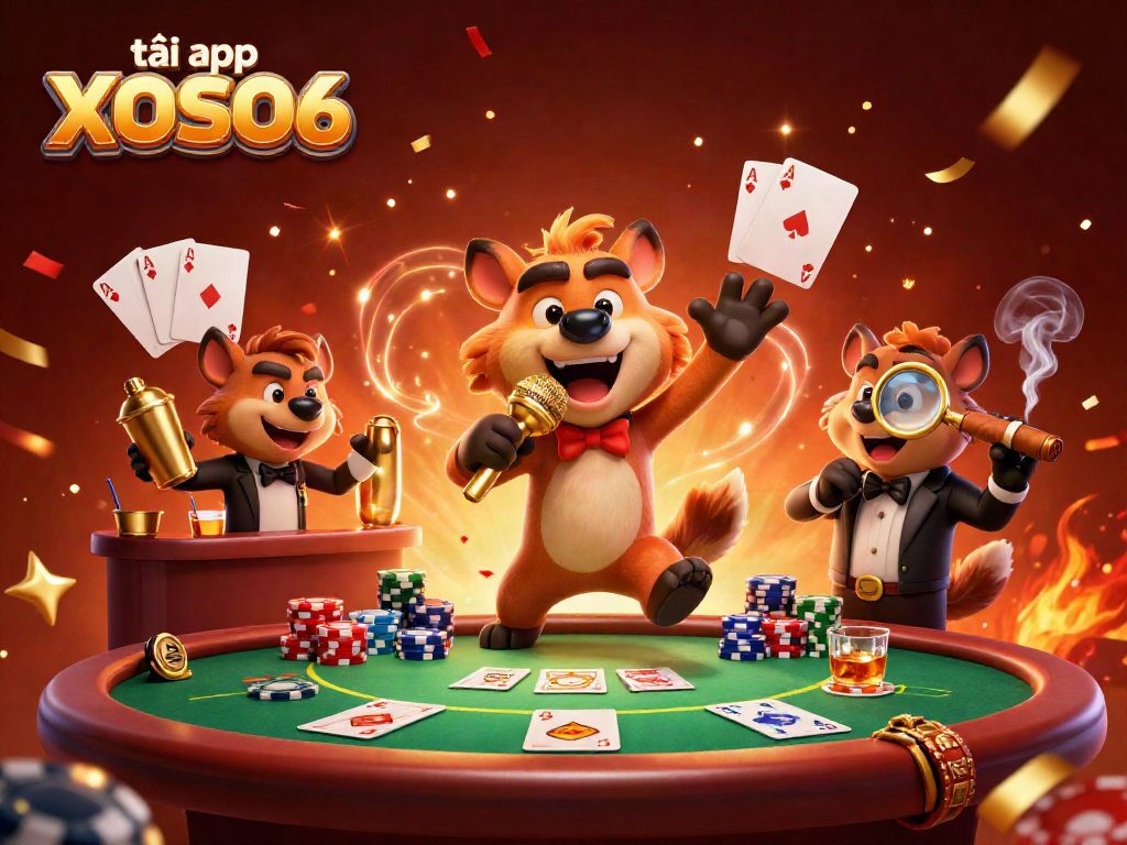 Experience the thrill of tải app XOSO66 with a lively 3D casino scene featuring animated hyenas.