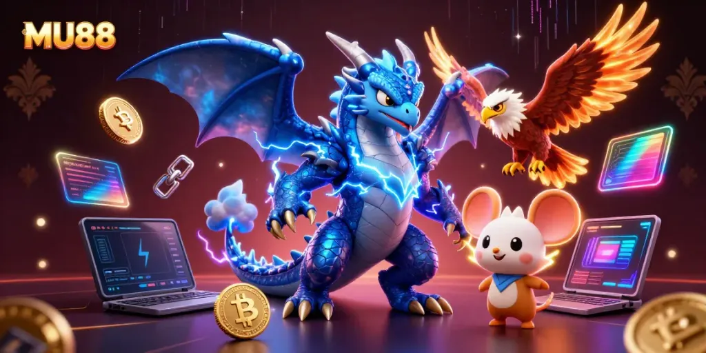 Experience the electrifying MU88 atmosphere with dynamic characters and vibrant casino elements.