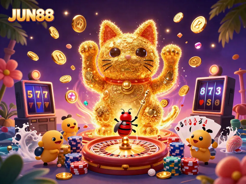 Experience the magic of JUN88 with a vibrant 3D illustration of a lucky cat and casino elements.