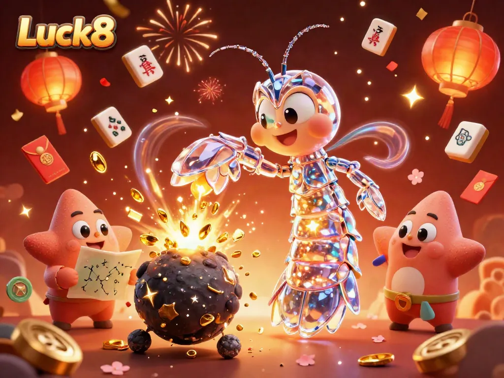Luck8's 3D samurai shrimp character explodes asteroids for coins, surrounded by festive gambling elements.