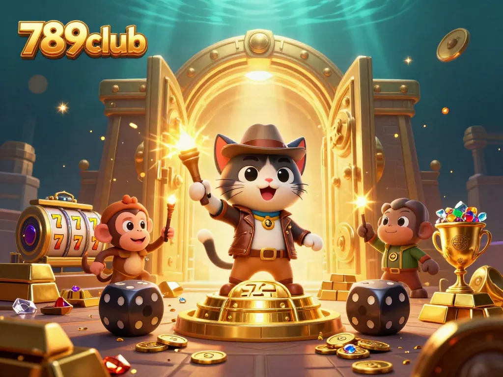 Join the 789club adventure discovering unique casino artifacts and treasures in this vibrant illustration.