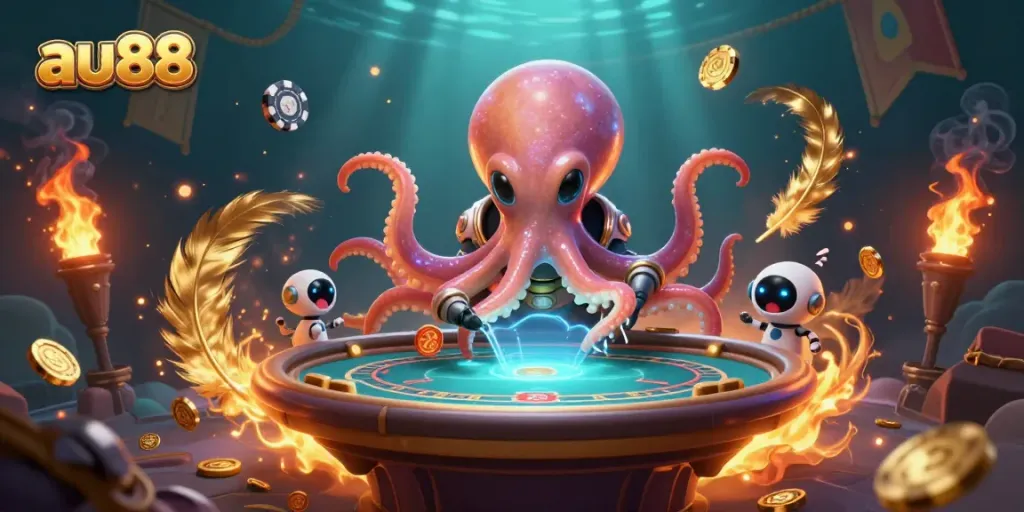 Engage in exciting gaming with au88 featuring an alien octopus at a vibrant poker table.