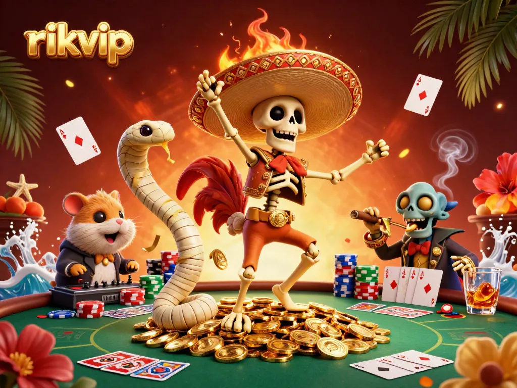 Engaging 3D illustration with rikvip theme, featuring lively characters celebrating amidst poker elements.