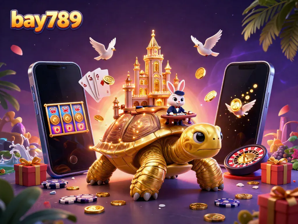 Experience the vibrant bay789 casino atmosphere with a golden tortoise, rabbit dealer, and dynamic game elements.