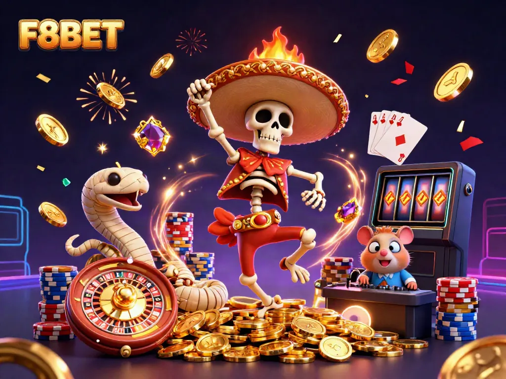 Experience vibrant gaming with F8BET's festive characters amidst golden coins and dynamic casino elements.