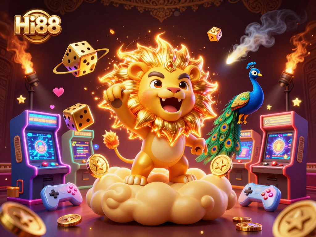 Engage in thrilling gaming action with Hi88's vibrant 3D casino illustration depicting golden dice and arcade machines.