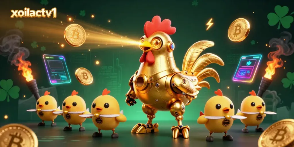 Engage with xoilactv1's energetic casino scene featuring a futuristic golden rooster robot and baby chick drones.