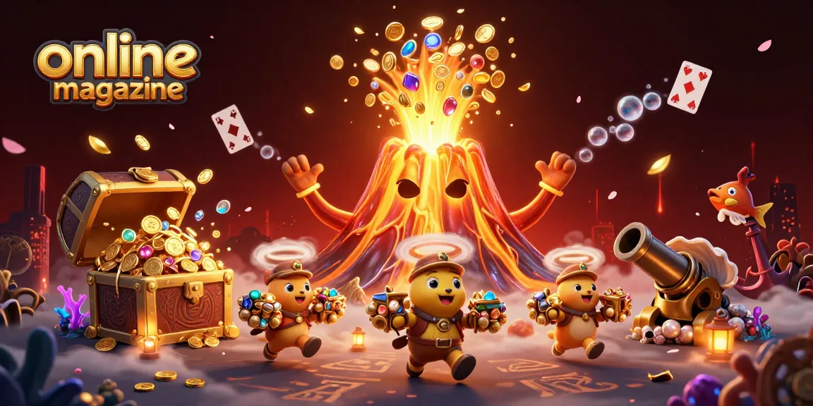 Engaging online magazine illustration showcasing a triumphant volcano erupting coins in a vibrant casino scene.