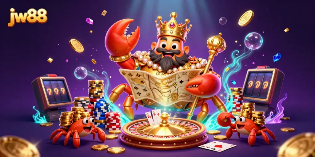 Experience thrilling gameplay at jw88 with a vibrant underwater casino illustration showcasing gold coins, chips, and excitement.