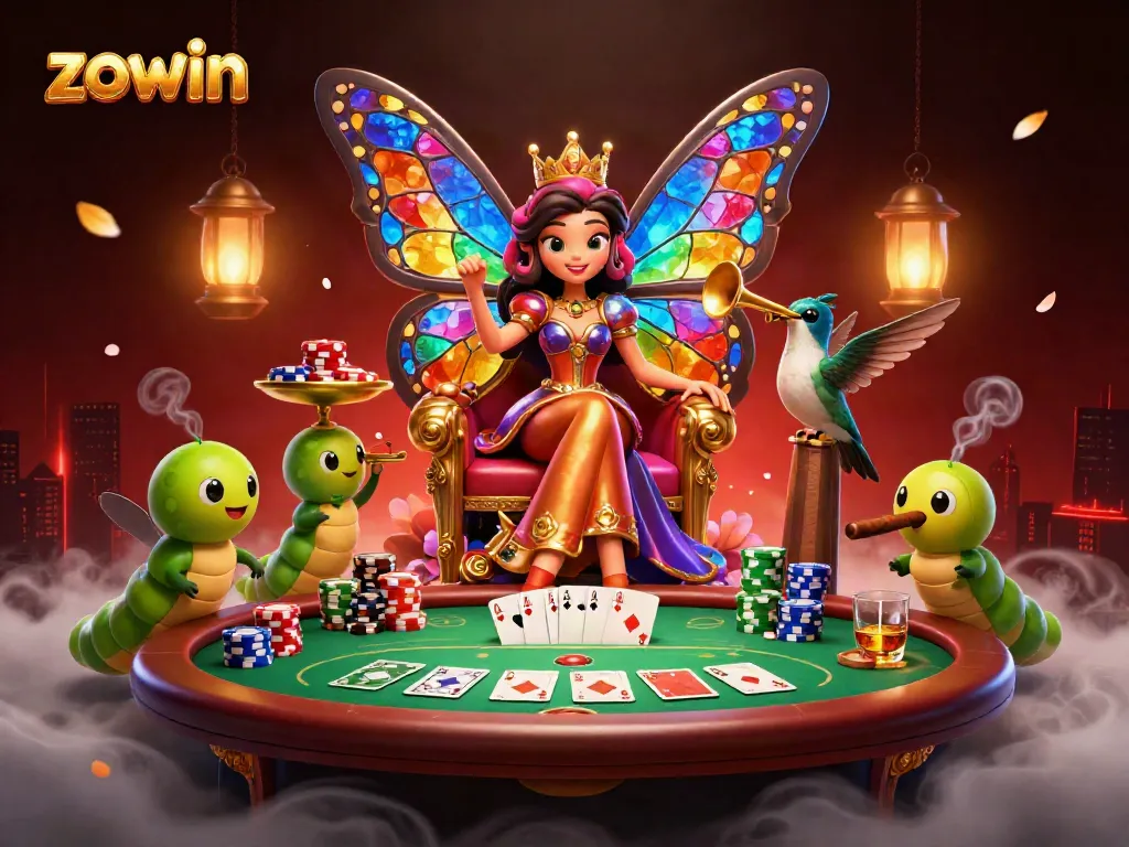 Zowin's butterfly queen rules a vibrant poker scene, complete with chips and cards.