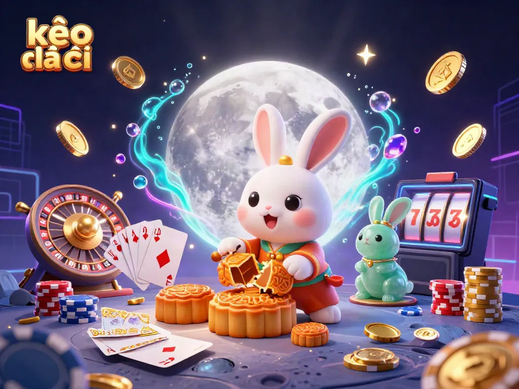 Engage with kèo nhà cái via our vibrant lunar-themed art showcasing poker elements and a moon rabbit.