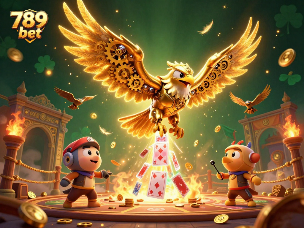 Engage in the excitement of 789 bet with a dynamic scene of a golden eagle and holographic cards.