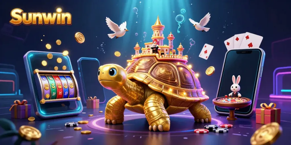 Experience thrilling wins with Sunwin in a vibrant casino scene featuring colorful games and golden rewards.