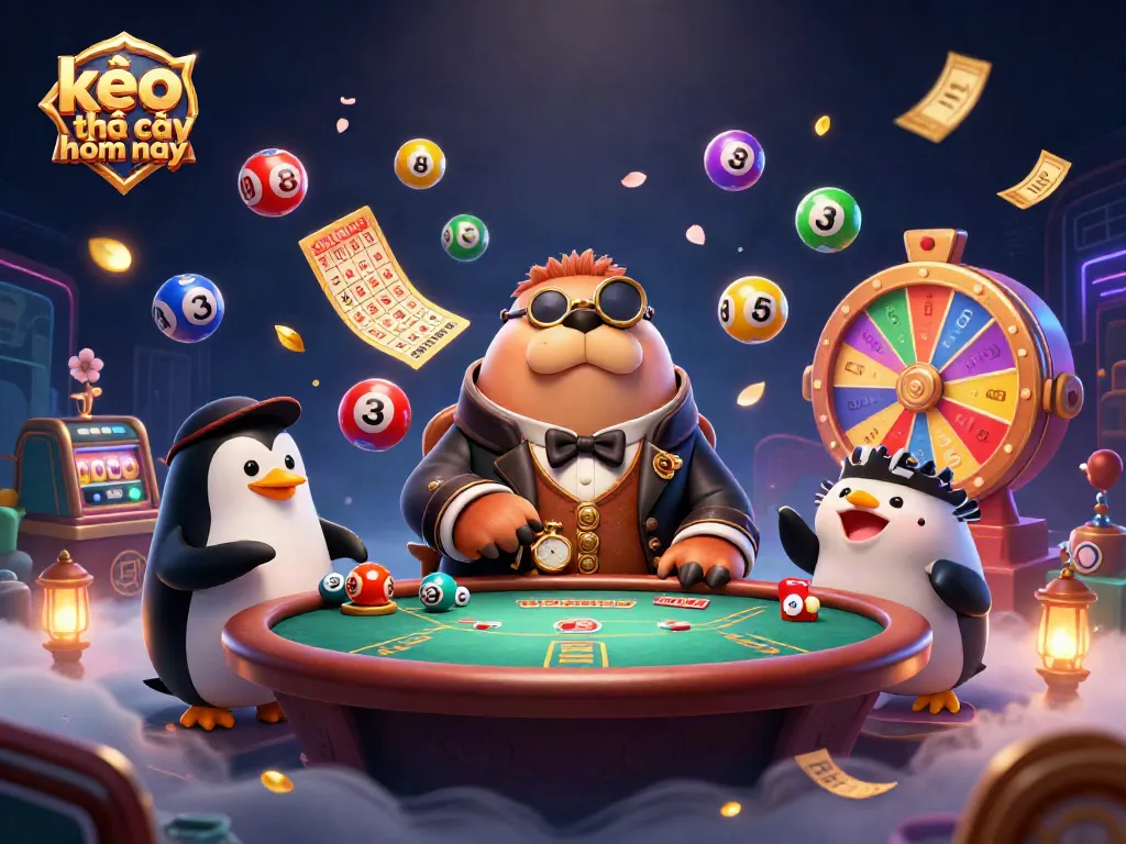 Engage with kèo nhà cái hôm nay through vibrant underwater poker illustrated by a jolly walrus, a penguin dealer, and a bluffing pufferfish.