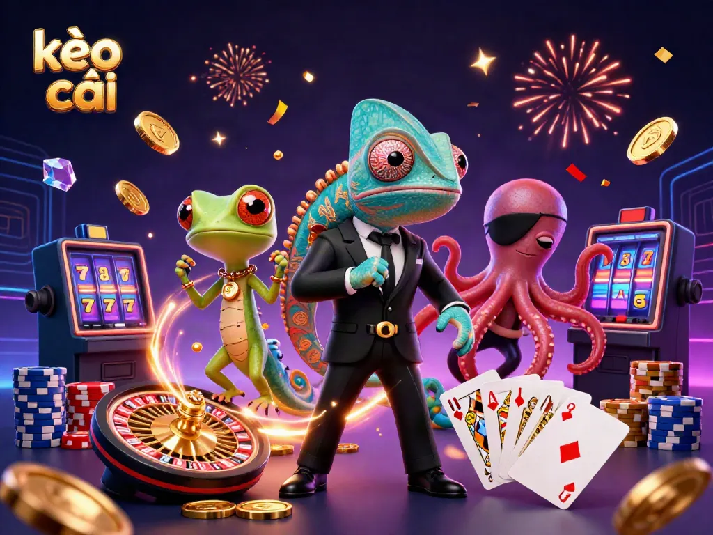 Engage with kèo nhà cái as a colorful, action-packed casino scene featuring dynamic characters and gaming elements.