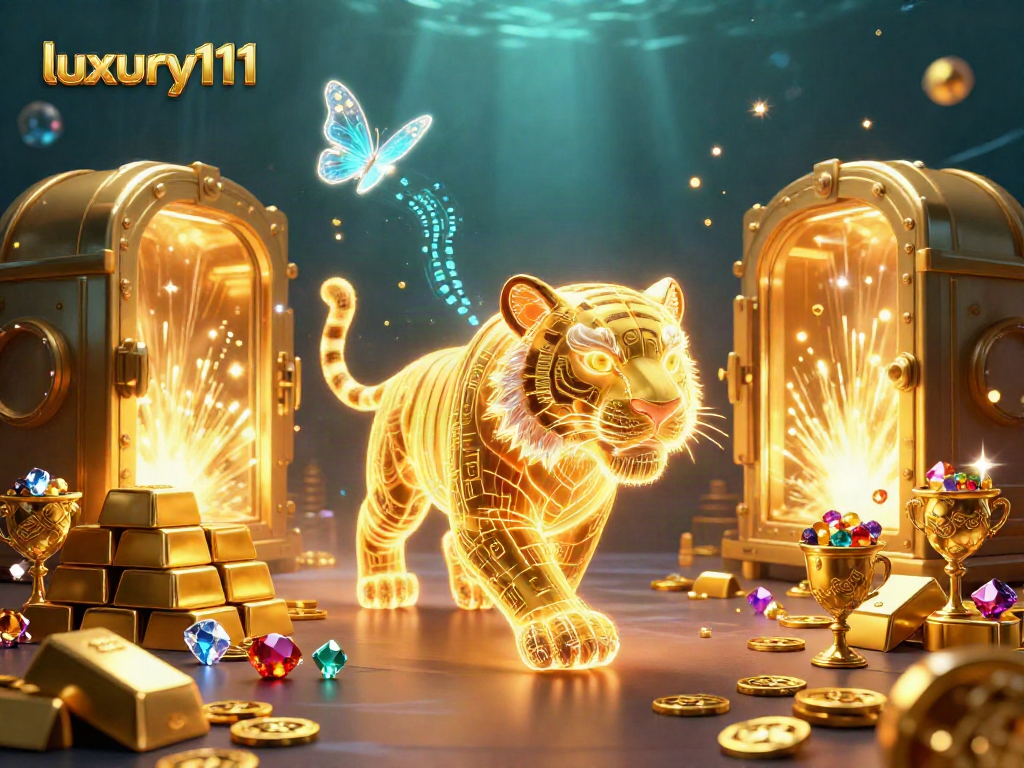 Experience luxury111 thrills as the dazzling golden tiger navigates a vibrant digital casino landscape.