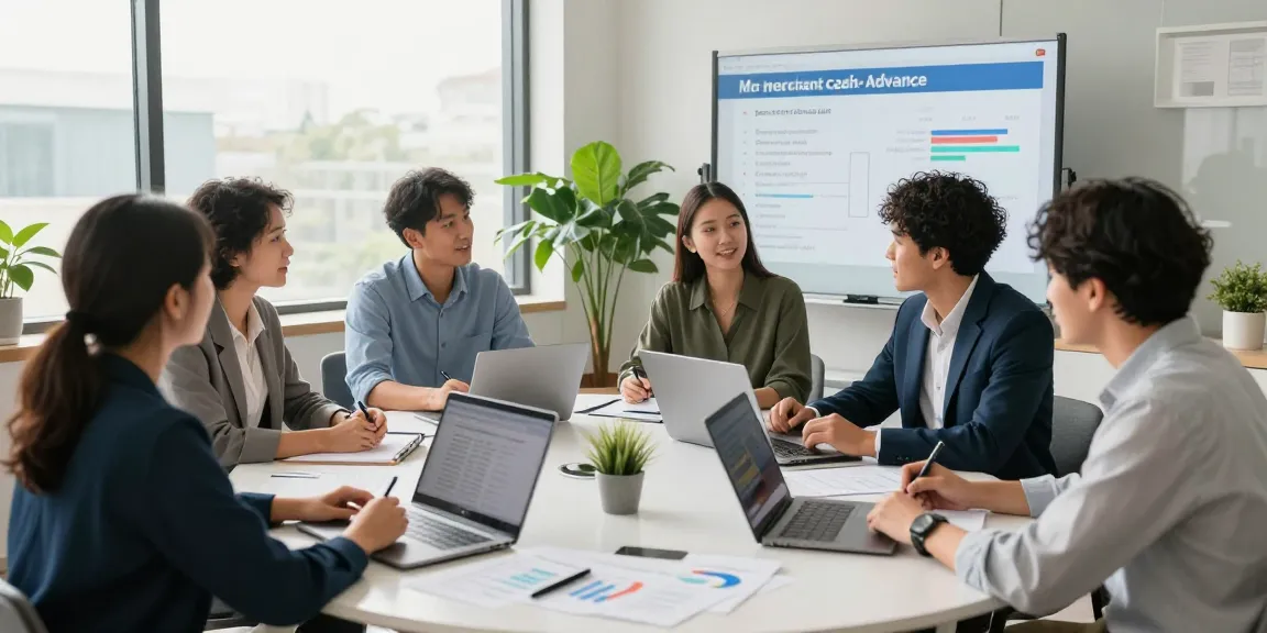 Team discussing Stripe merchant cash advance options in a modern office setting