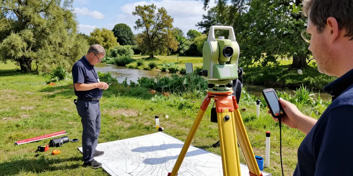 Topographical Land Surveys Sussex team measuring land features with precision tools in natural setting.