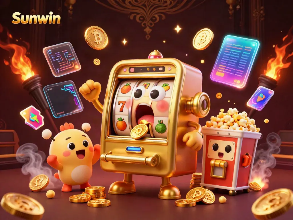 Cheering baby slot machines celebrate Sunwin's jackpot wins in a vibrant casino scene.